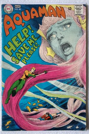 Front cover of Aquaman #40 (1968) "Sorcerers of the Sea" featuring Aquaman and Mera battling underwater sorcerers. Vintage DC Silver Age comic book.