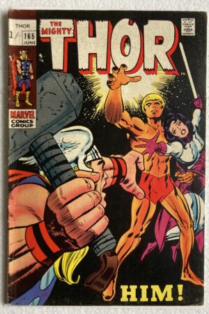 Cover of Thor #165, Marvel 1969, FN+ condition, featuring first full appearance of Adam Warlock ("Him"). Key Silver Age collectible.