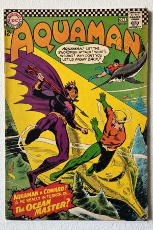 Front cover of Aquaman #29 (1966) "Coward-King of the Seas!" First appearance of Ocean Master. Silver Age DC comic in FN- condition.