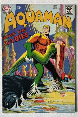 ront cover of Aquaman #49 (1969) titled "When the Sea Dies!" featuring Nick Cardy art. Mid-grade FN condition